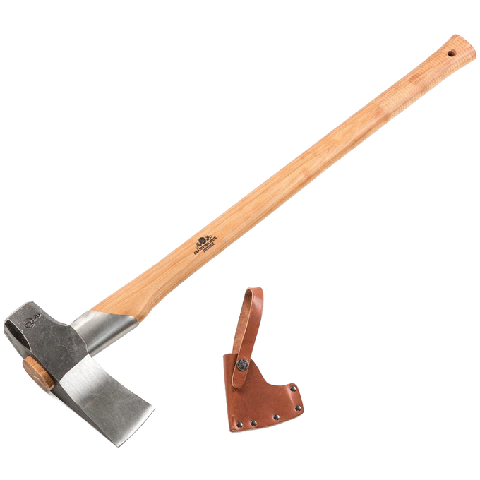 Hand-forged splitting maul with a wooden handle and protective leather sheath, designed for wood cutting and hauling, featured in Farm, Garden & Tool, Knives & Axes, Axes, Best Sellers, and Promo Eligible collections.