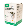 Box packaging of a stainless steel kitchen batter dispenser with stand, featuring a thumb lever and orange silicone tip, part of Kitchen & Food and Baking Supplies collections.