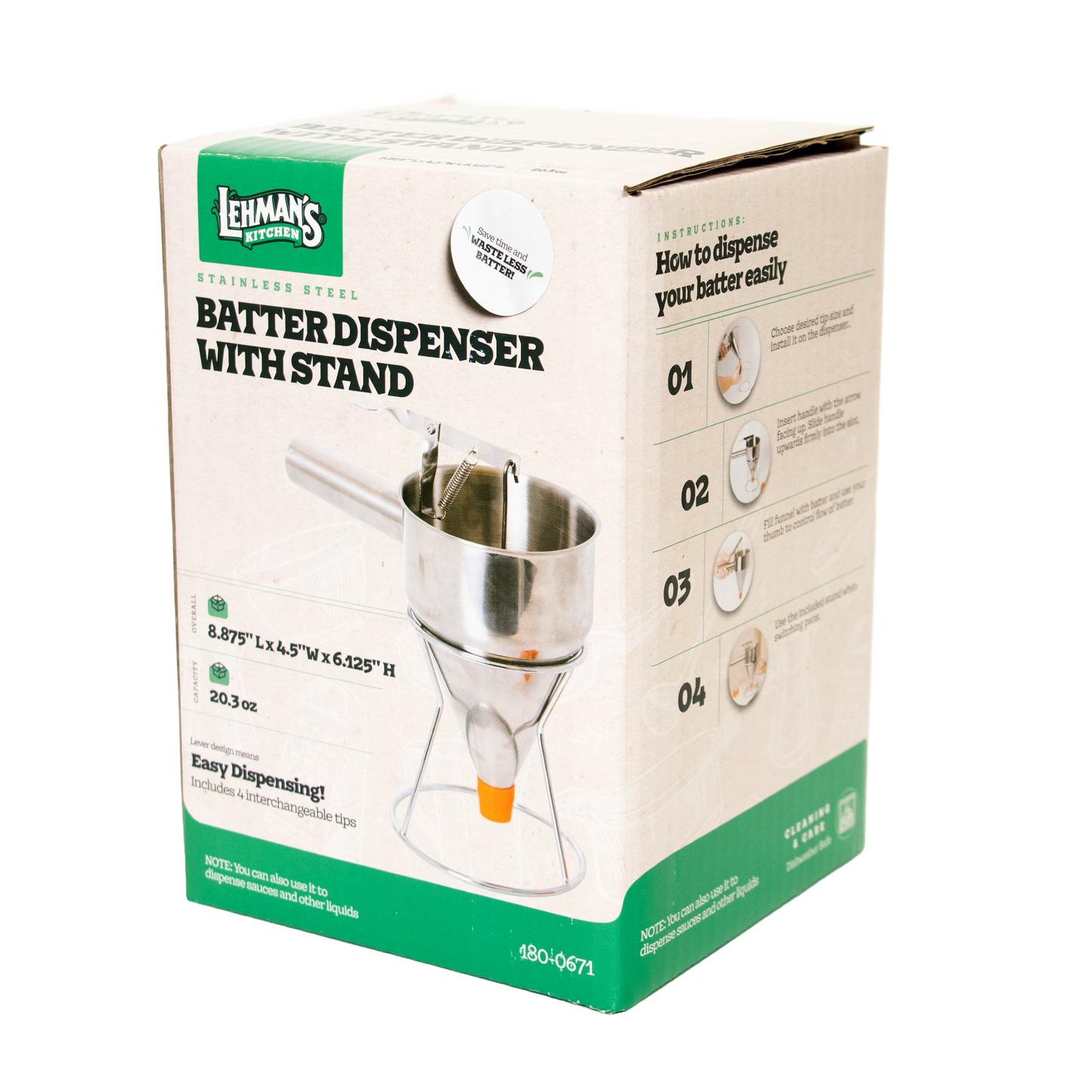 Box packaging of a stainless steel kitchen batter dispenser with stand, featuring a thumb lever and orange silicone tip, part of Kitchen & Food and Baking Supplies collections.