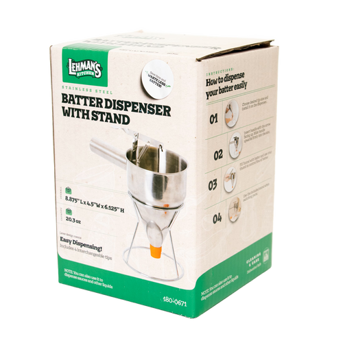 Box packaging of a stainless steel kitchen batter dispenser with stand, featuring a thumb lever and orange silicone tip, part of Kitchen & Food and Baking Supplies collections.