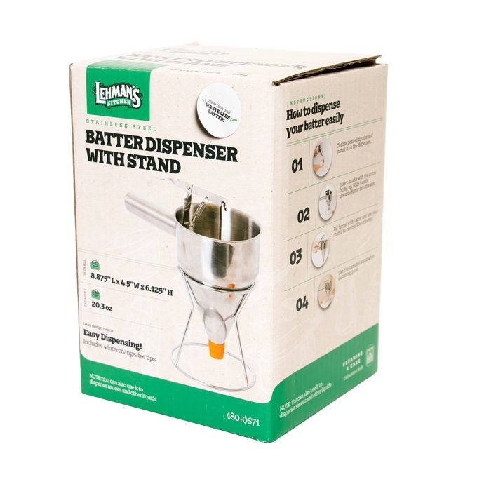 Box packaging of a stainless steel kitchen batter dispenser with stand, featuring a thumb lever and orange silicone tip, part of Kitchen & Food and Baking Supplies collections.