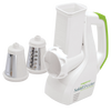 Electric kitchen slicer with white body and green accents, featuring interchangeable stainless steel shredding and slicing cones, ideal for food prep in Kitchen & Food and Choppers and Cutters.