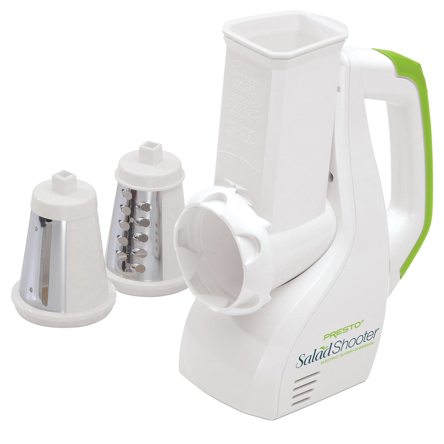 Electric kitchen slicer with white body and green accents, featuring interchangeable stainless steel shredding and slicing cones, ideal for food prep in Kitchen & Food and Choppers and Cutters.