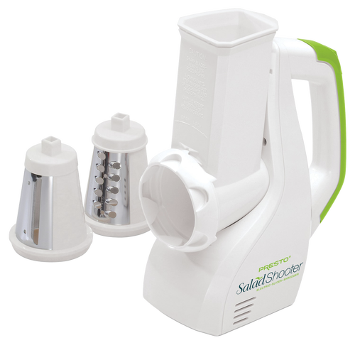 Electric kitchen slicer with white body and green accents, featuring interchangeable stainless steel shredding and slicing cones, ideal for food prep in Kitchen & Food and Choppers and Cutters.