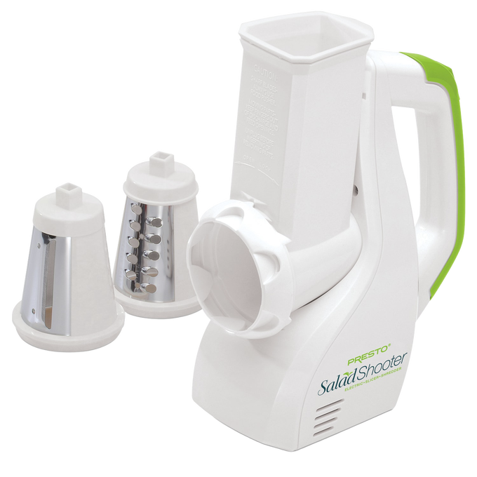 Electric kitchen slicer with white body and green accents, featuring interchangeable stainless steel shredding and slicing cones, ideal for food prep in Kitchen & Food and Choppers and Cutters.