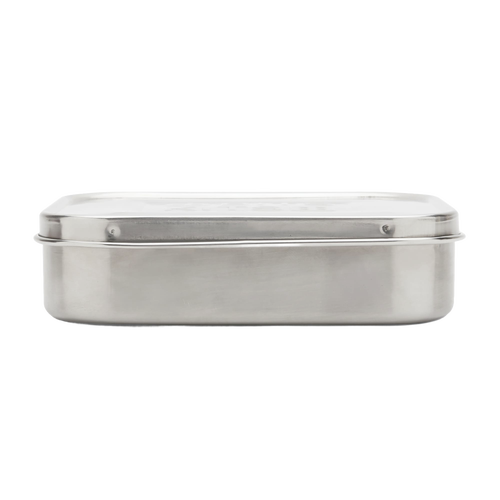 Closed rectangular stainless steel snack container with a smooth finish and secure lid, designed for durable use in Kitchen & Food, Storage and Serving, Best Sellers, and Promo Eligible collections.