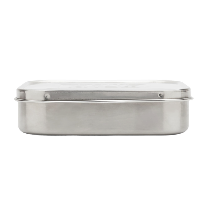 Closed rectangular stainless steel snack container with a smooth finish and secure lid, designed for durable use in Kitchen & Food, Storage and Serving, Best Sellers, and Promo Eligible collections.