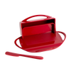 Bright red flip-top butter dish with attached lid and matching spreader designed for convenient butter storage and serving, ideal for Kitchen Gadgets and Accessories collections.