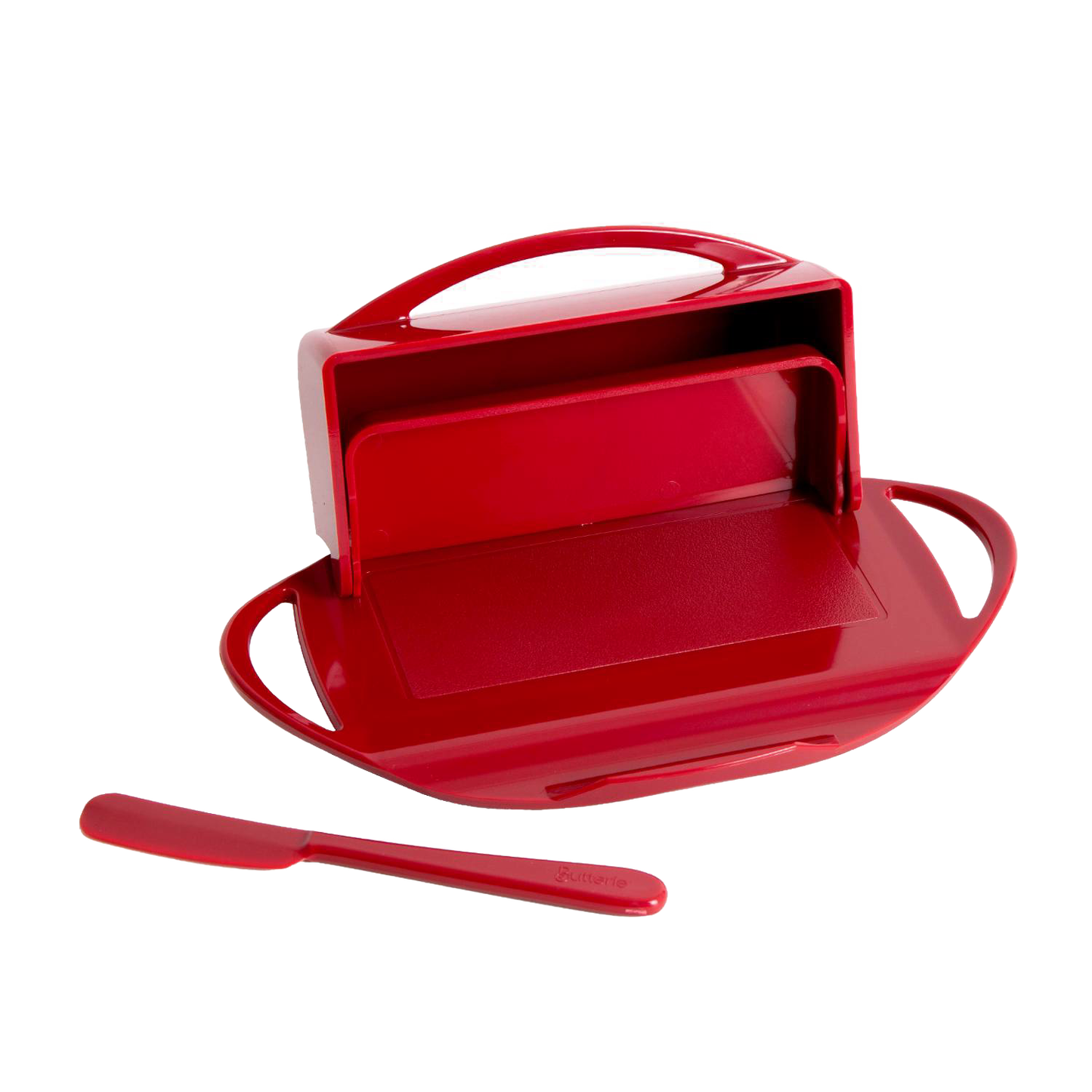 Bright red flip-top butter dish with attached lid and matching spreader designed for convenient butter storage and serving, ideal for Kitchen Gadgets and Accessories collections.