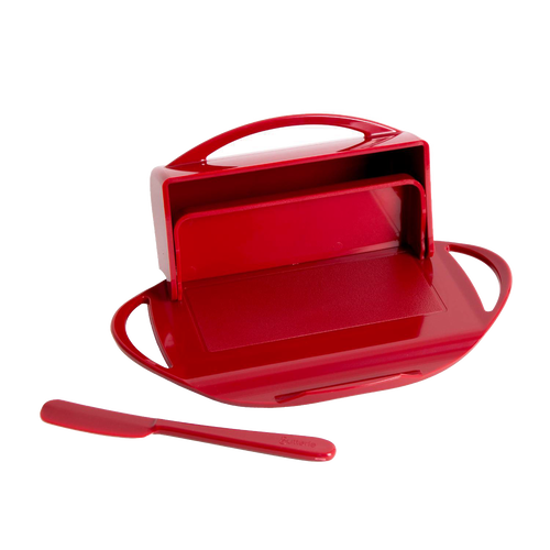 Bright red flip-top butter dish with attached lid and matching spreader designed for convenient butter storage and serving, ideal for Kitchen Gadgets and Accessories collections.