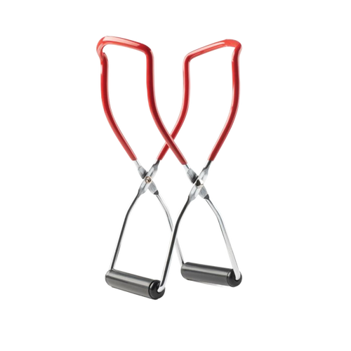 Pair of handcrafted jar lifters with red silicone handles and stainless steel arms, designed for safe handling in Kitchen & Food, Food Preservation, and Canning collections.