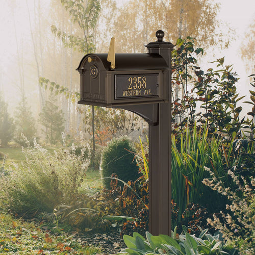 Handcrafted Whitehall mailbox in bronze and gold tones with monogram and street address, made in USA, enhancing curb appeal in Home & Decor and Mailboxes collections.
