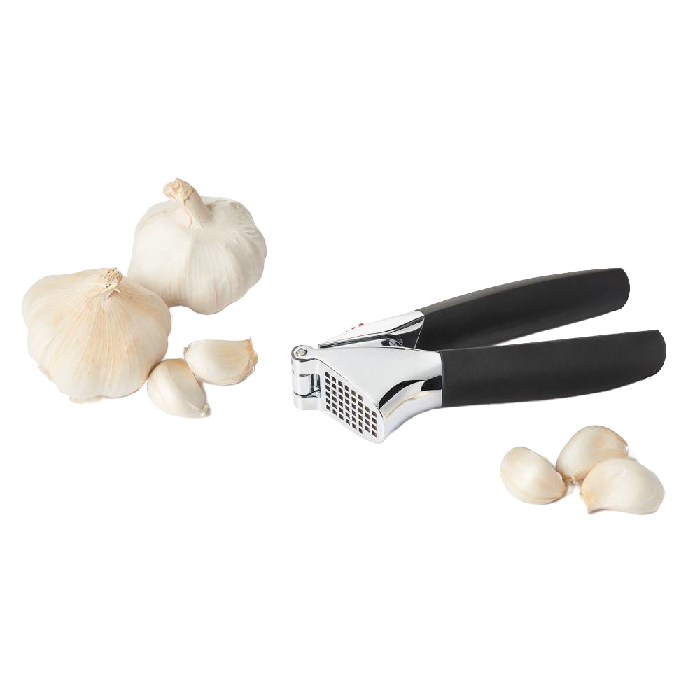 Garlic press with soft, non-slip black handles and a sturdy stainless steel crushing chamber, shown alongside whole garlic bulbs and cloves, ideal for Kitchen & Food, Kitchen Gadgets, and Cooking and Baking Helpers collections.