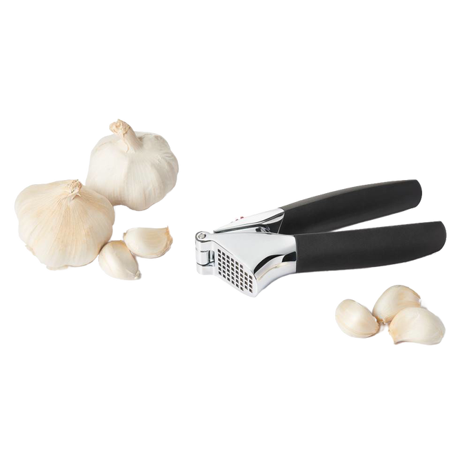Garlic press with soft, non-slip black handles and a sturdy stainless steel crushing chamber, shown alongside whole garlic bulbs and cloves, ideal for Kitchen & Food, Kitchen Gadgets, and Cooking and Baking Helpers collections.