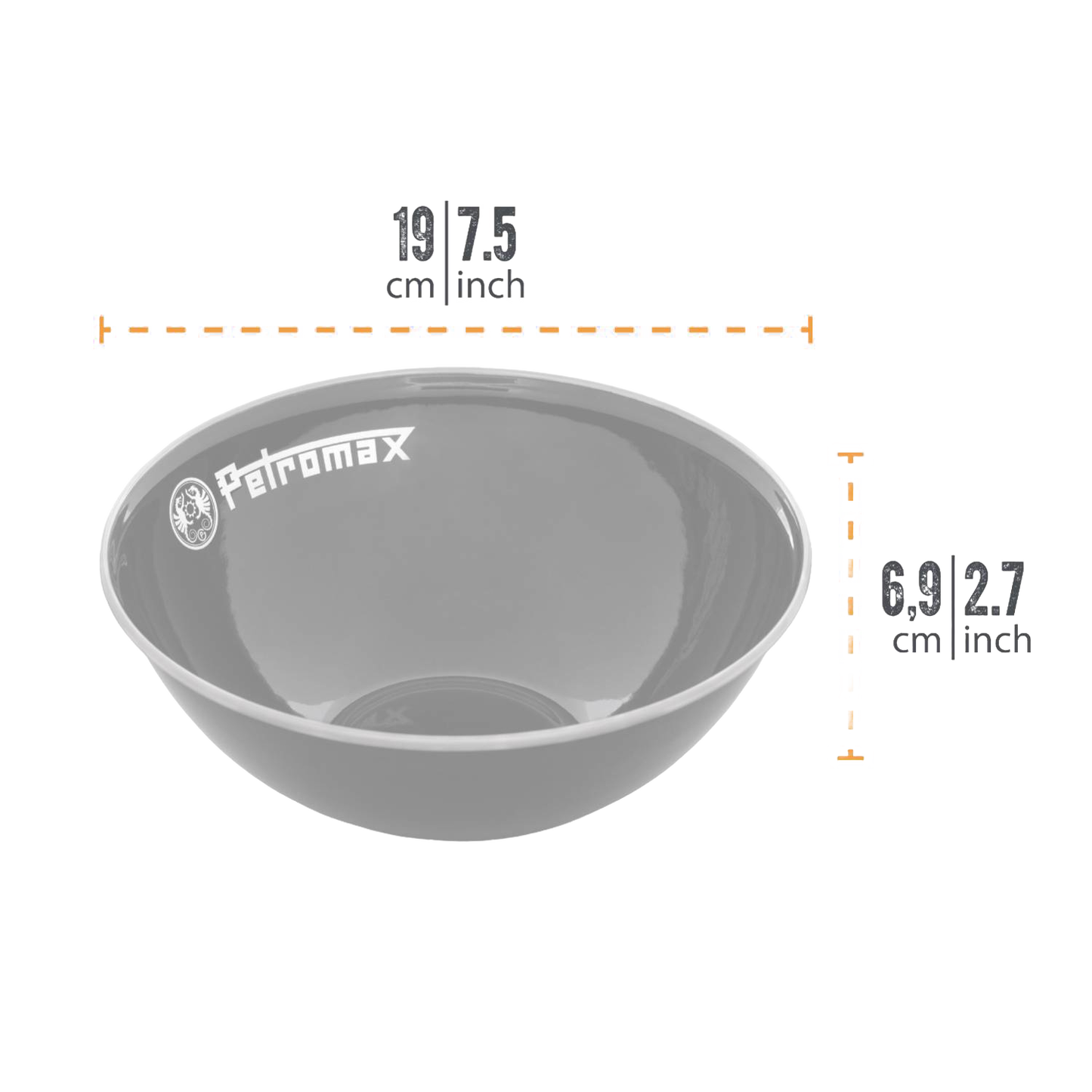 Gray enamel bowl with Petromax logo, crafted for durability with resistance to corrosion, heat, and scratches, suitable for Farm, Garden & Tool, Kitchen & Food, Camping, Dinnerware, Best Sellers, and Promo Eligible collections.