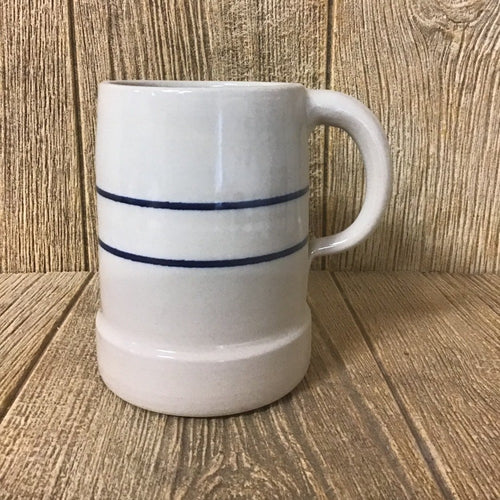Handcrafted large stoneware stein in natural color with two blue stripes and sturdy handle, perfect for Kitchen & Food, Dinnerware, USA Made, Best Sellers, and Promo Eligible collections.