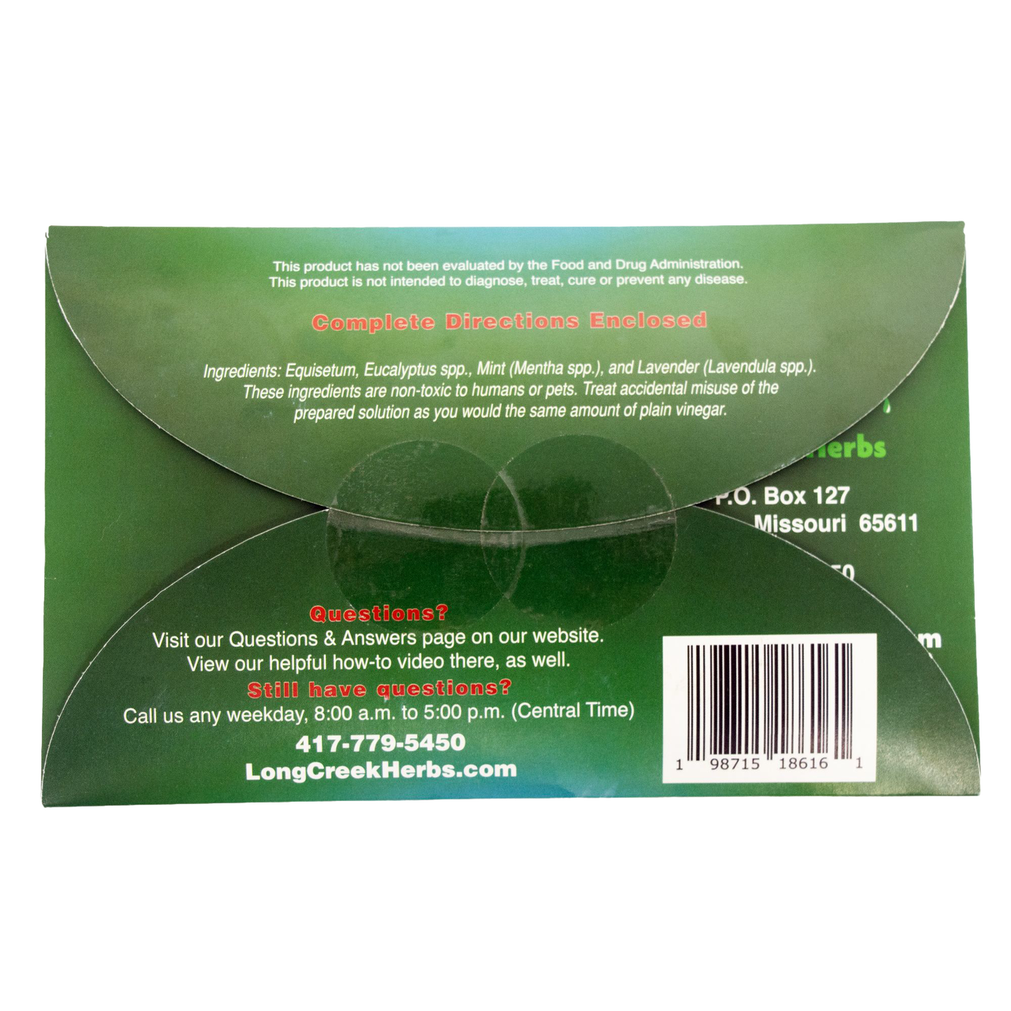 Box packaging for herbal nail fungus soak featuring natural ingredients like Equisetum, Eucalyptus, Mint, and Lavender; promotes safe, effective nail care in Health & Wellness and USA Made collections.