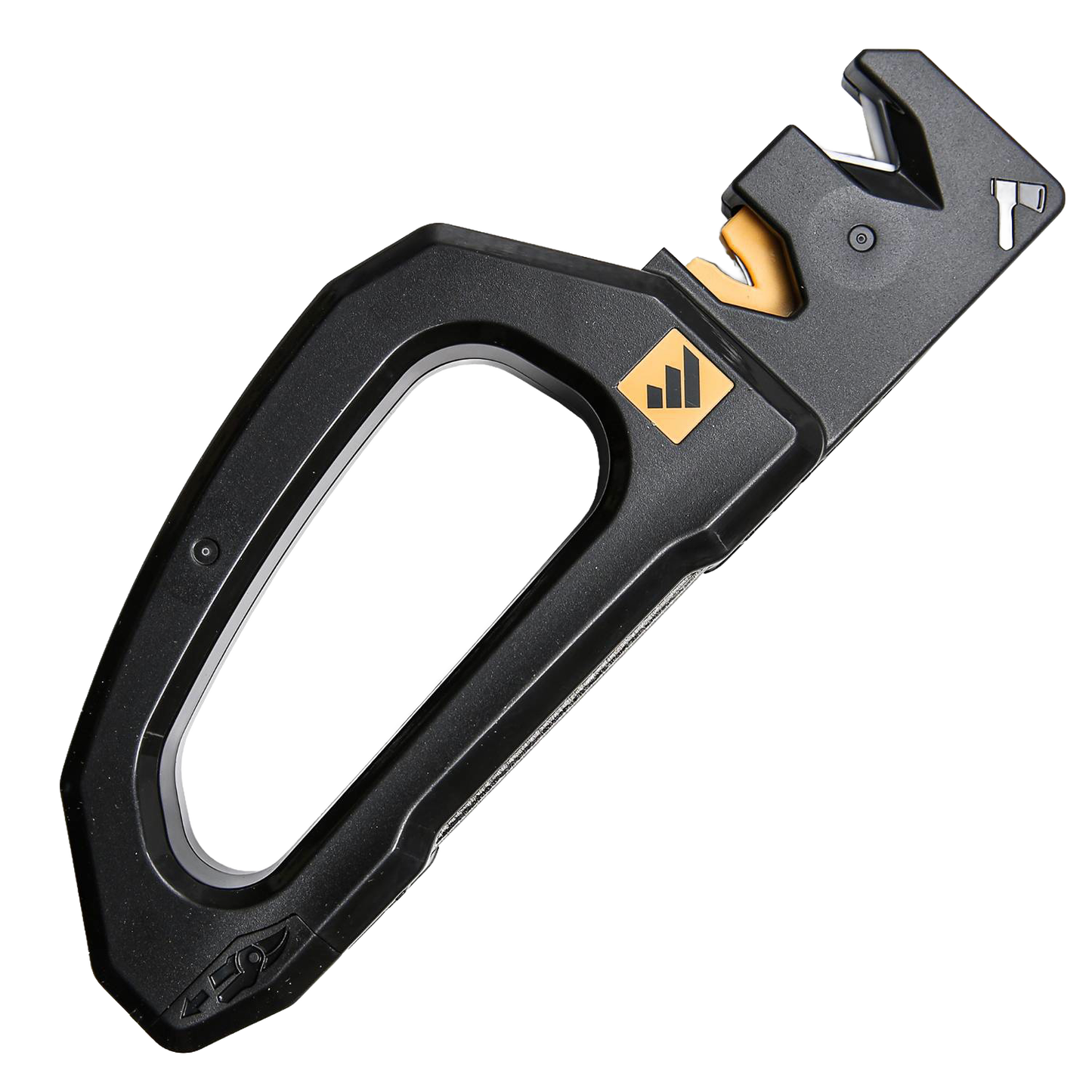 Black handheld knife and tool sharpener with ergonomic design and yellow accents, crafted for quickly restoring blades in Farm, Garden & Tool and Kitchen & Food collections.
