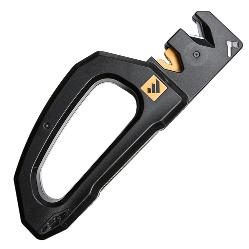 Black handheld knife and tool sharpener with ergonomic design and yellow accents, crafted for quickly restoring blades in Farm, Garden & Tool and Kitchen & Food collections.