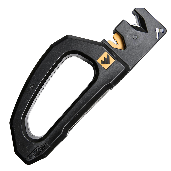 Black handheld knife and tool sharpener with ergonomic design and yellow accents, crafted for quickly restoring blades in Farm, Garden & Tool and Kitchen & Food collections.