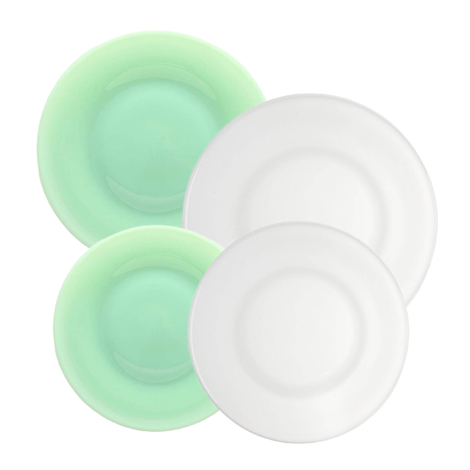 Set of four handcrafted glass plates in soft green and clear colors, made in the USA, perfect for Kitchen & Food, Storage and Serving, and Best Sellers collections.