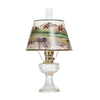 Clear glass oil lamp with brass burner and scenic Rocky Mountain parchment shade featuring wildlife and mountain landscape, perfect for Lamps & Lighting, Oil Lamps, Table Lamps, Best Sellers, and Promo Eligible collections.