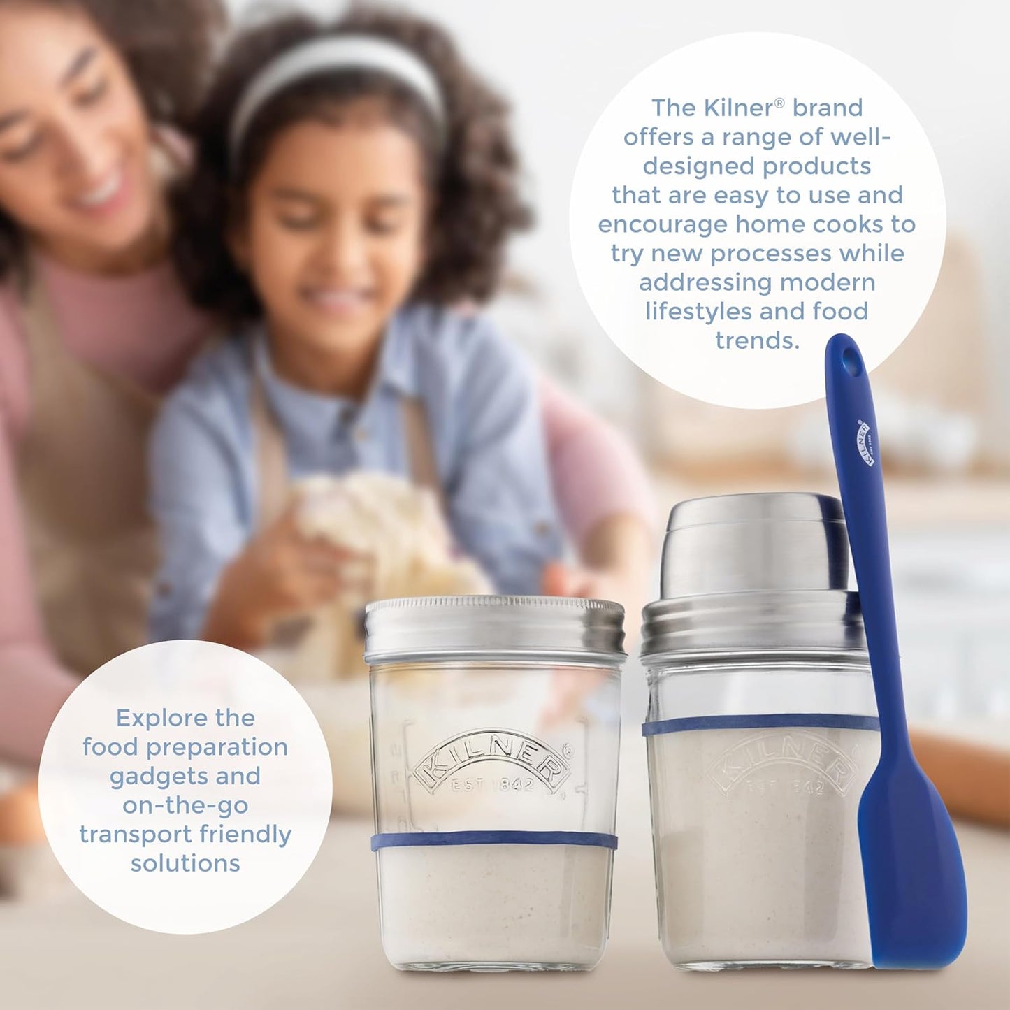 Handcrafted Kilner sourdough starter set featuring two glass jars with metal lids and a blue silicone spatula, ideal for Kitchen & Food, Baking Supplies, and Storage collections.