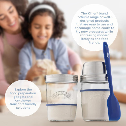 Handcrafted Kilner sourdough starter set featuring two glass jars with metal lids and a blue silicone spatula, ideal for Kitchen & Food, Baking Supplies, and Storage collections.