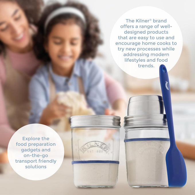 Handcrafted Kilner sourdough starter set featuring two glass jars with metal lids and a blue silicone spatula, ideal for Kitchen & Food, Baking Supplies, and Storage collections.