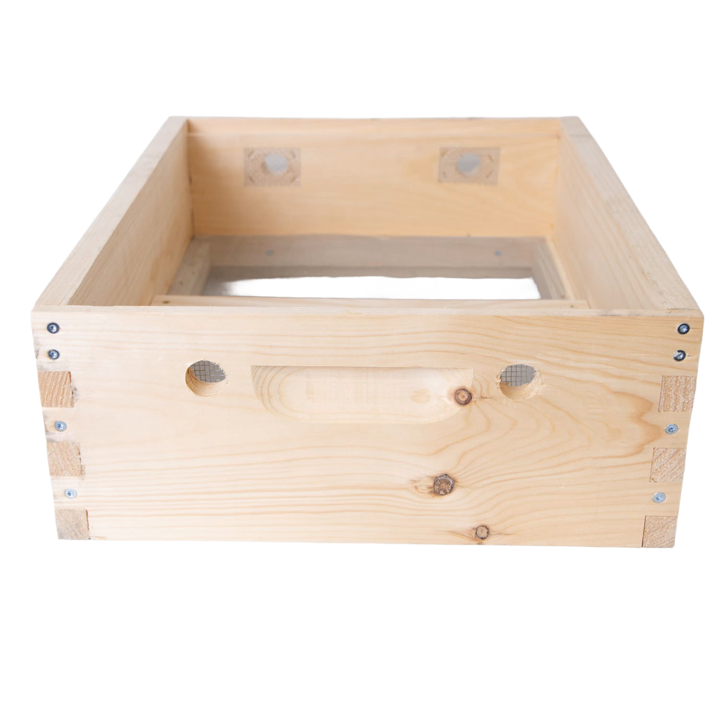Handcrafted wooden hive box with ventilation holes and dovetail joints, designed for moisture control in beekeeping, made in USA and Amish made, part of Farm and Garden collections.
