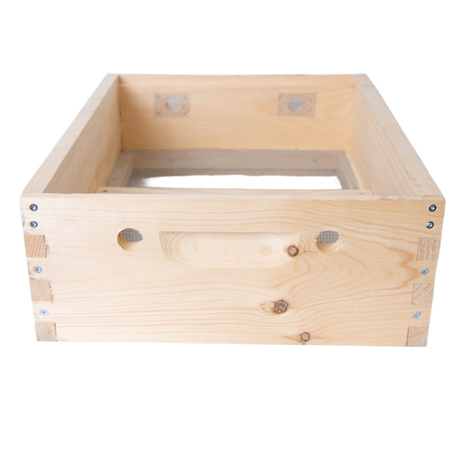 Handcrafted wooden hive box with ventilation holes and dovetail joints, designed for moisture control in beekeeping, made in USA and Amish made, part of Farm and Garden collections.