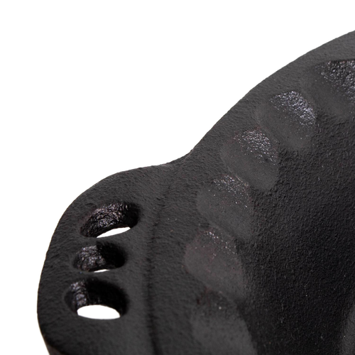 Close-up of handcrafted cast iron pie pan with distinctive crimped edges and dual handles, showcasing durable texture ideal for Kitchen & Food, Cookware, Cast Iron, Baking Supplies, Best Sellers, and Promo Eligible collections.