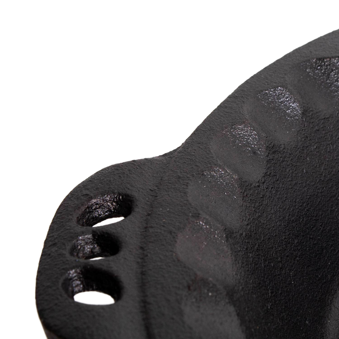 Close-up of handcrafted cast iron pie pan with distinctive crimped edges and dual handles, showcasing durable texture ideal for Kitchen & Food, Cookware, Cast Iron, Baking Supplies, Best Sellers, and Promo Eligible collections.