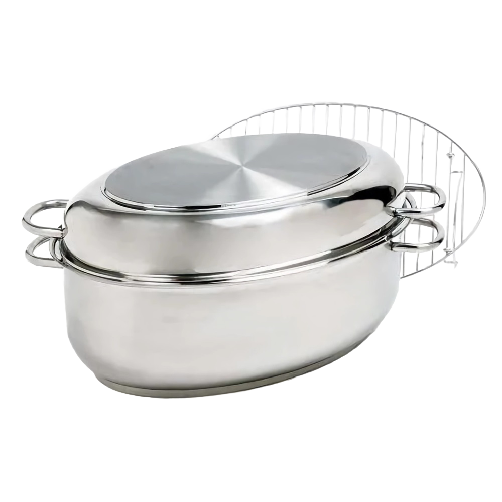Polished stainless steel roaster pan with lid and rack, designed for cooking large poultry or roasts; durable cookware featured in Kitchen & Food, Cookware, Pots and Pans, and Best Sellers collections.