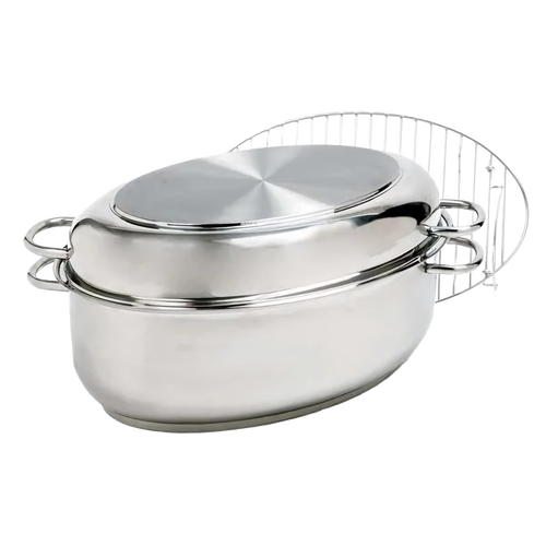 Polished stainless steel roaster pan with lid and rack, designed for cooking large poultry or roasts; durable cookware featured in Kitchen & Food, Cookware, Pots and Pans, and Best Sellers collections.