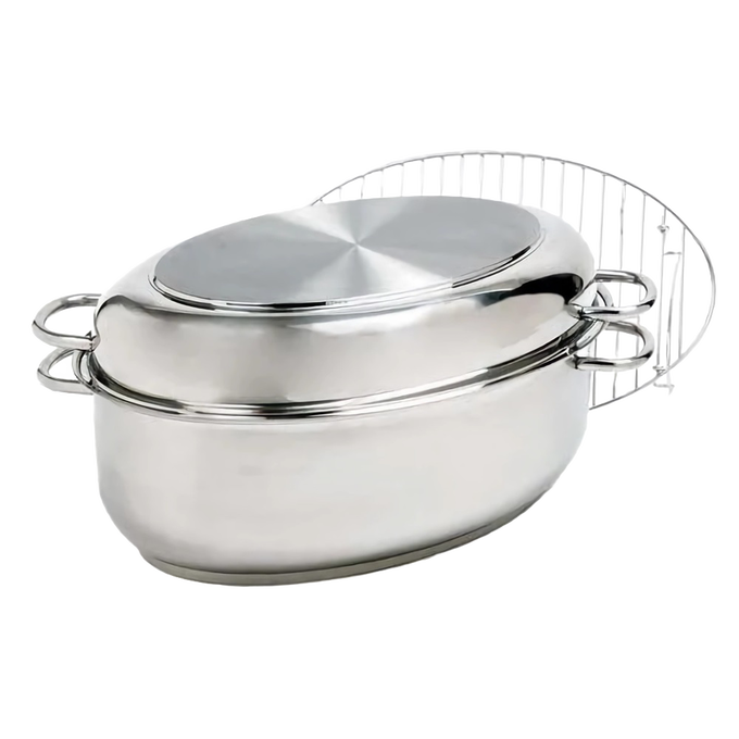 Polished stainless steel roaster pan with lid and rack, designed for cooking large poultry or roasts; durable cookware featured in Kitchen & Food, Cookware, Pots and Pans, and Best Sellers collections.