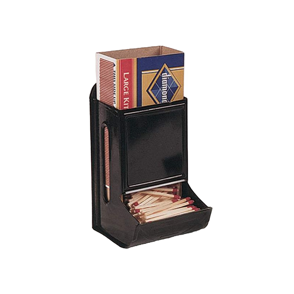 Wall-mounted black metal match holder with a compartment for a full box of wooden kitchen matches, designed for convenient use in stoves and hearth accessories.