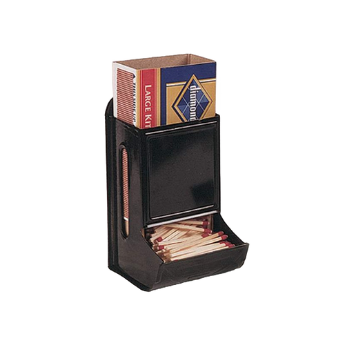 Wall-mounted black metal match holder with a compartment for a full box of wooden kitchen matches, designed for convenient use in stoves and hearth accessories.