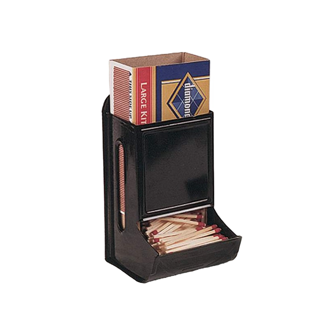 Wall-mounted black metal match holder with a compartment for a full box of wooden kitchen matches, designed for convenient use in stoves and hearth accessories.