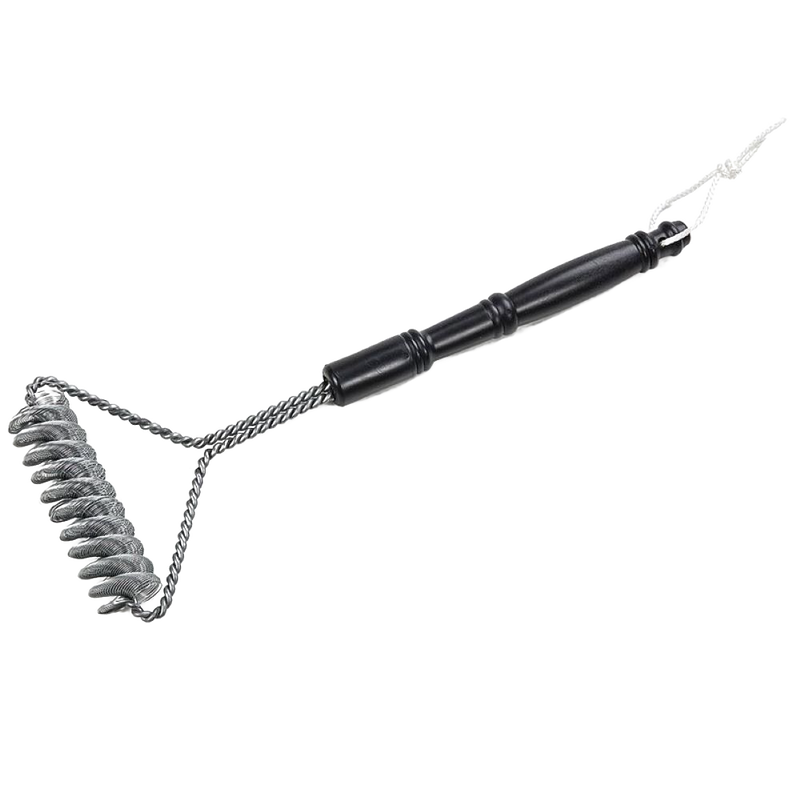 Durable barbecue cleaning brush with twisted wire spring bristles and a sturdy black handle, handcrafted in USA, perfect for grilling, camping, farm, garden, and stove use.