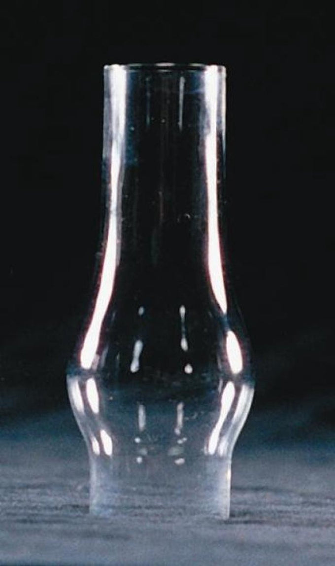 Clear glass oil lamp chimney with a slightly bulged shape, designed for lamps and lighting, suitable for oil lamps and parts and accessories collections.
