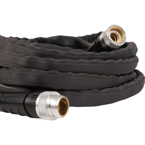 Lightweight black flexible garden hose with crush-proof metal couplings designed for easy handling, storage, and durability, featured in Farm, Garden & Tool and USA Made collections.