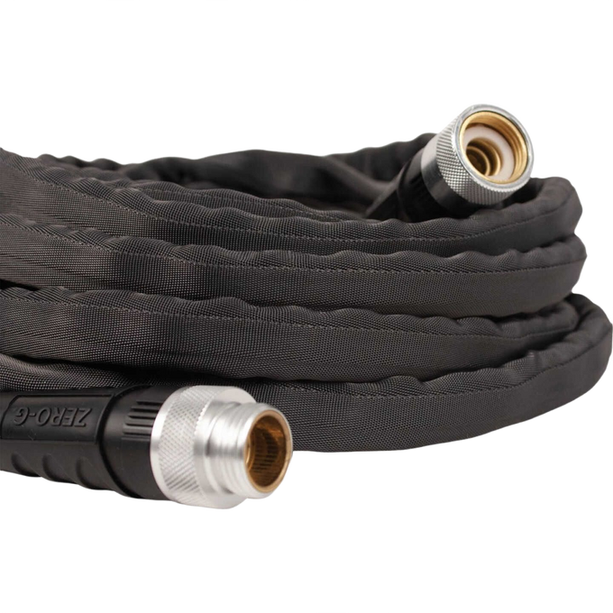 Lightweight black flexible garden hose with crush-proof metal couplings designed for easy handling, storage, and durability, featured in Farm, Garden & Tool and USA Made collections.