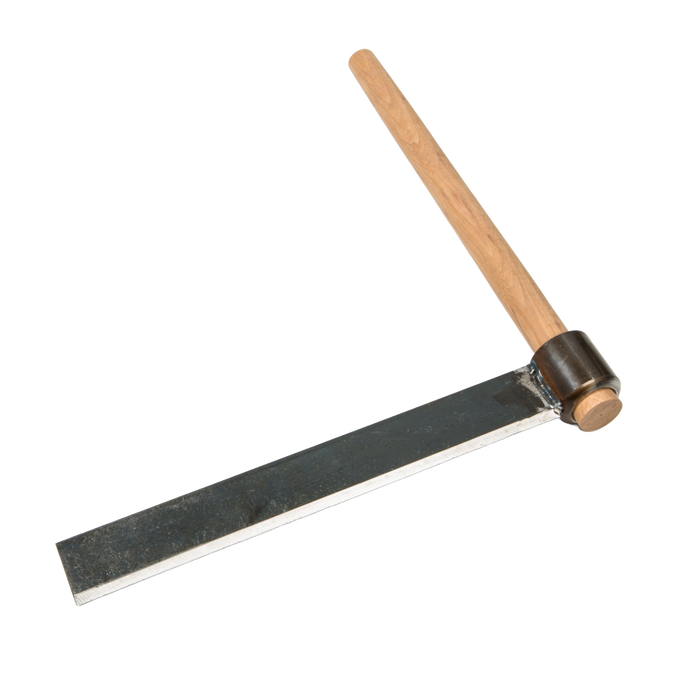 Handcrafted wood splitting froe with a sharp case-hardened steel blade and 16-inch hickory handle, designed for wood cutting and hauling, Amish made and USA crafted.
