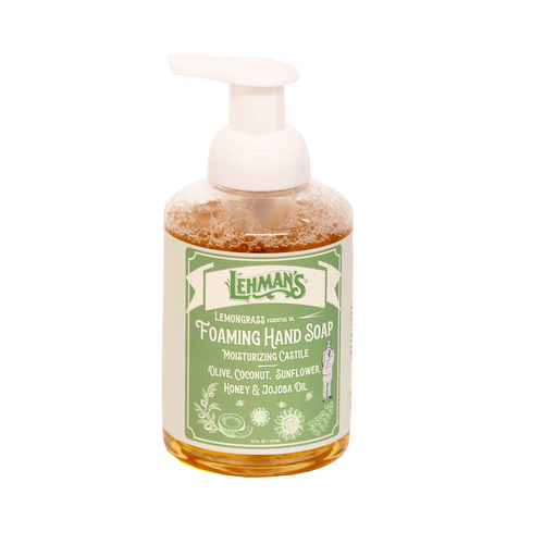 Clear bottle of Lehman's moisturizing foaming hand soap with lemongrass scent, crafted with natural oils and honey, made in USA, perfect for Health & Wellness and Grooming collections.