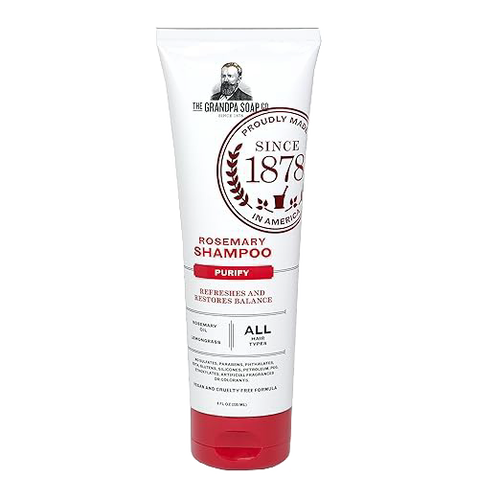 Tube of handcrafted rosemary shampoo made in USA, designed for gentle daily use to refresh and restore hair balance, featured in Health & Wellness and Grooming collections.