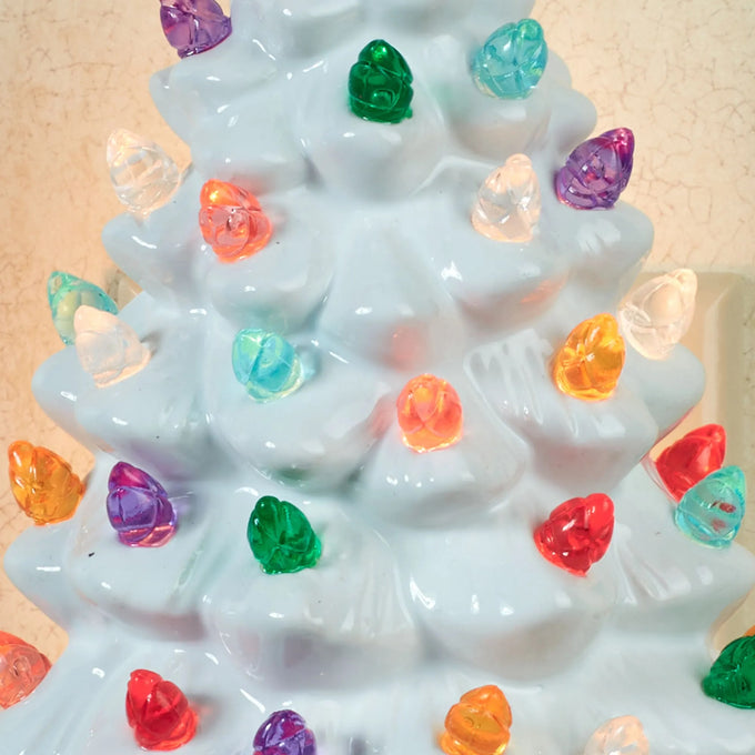 Unique handcrafted vintage-style ceramic Christmas tree nightlight featuring colorful bulbs in purple, pink, green, red, yellow, blue, and clear, perfect for Home & Decor, Holiday Decor, Best Sellers, and Promo Eligible collections.