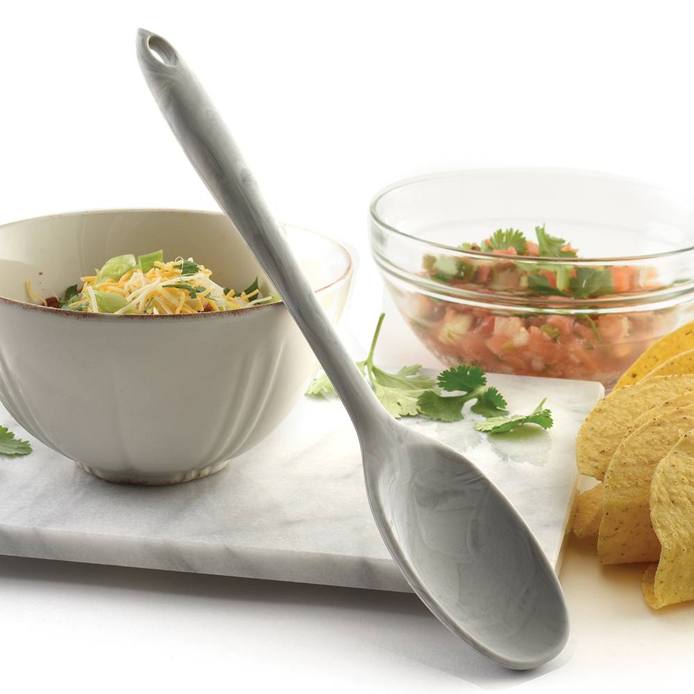Marble-patterned flexible spoon made from durable silicone with a steel core, styled for Kitchen & Food, Cookware, Baking Supplies, Kitchen Gadgets, Cooking and Baking Helpers, Best Sellers, and Promo Eligible collections, displayed with fresh salsa, shredded cheese, and tortilla chips.