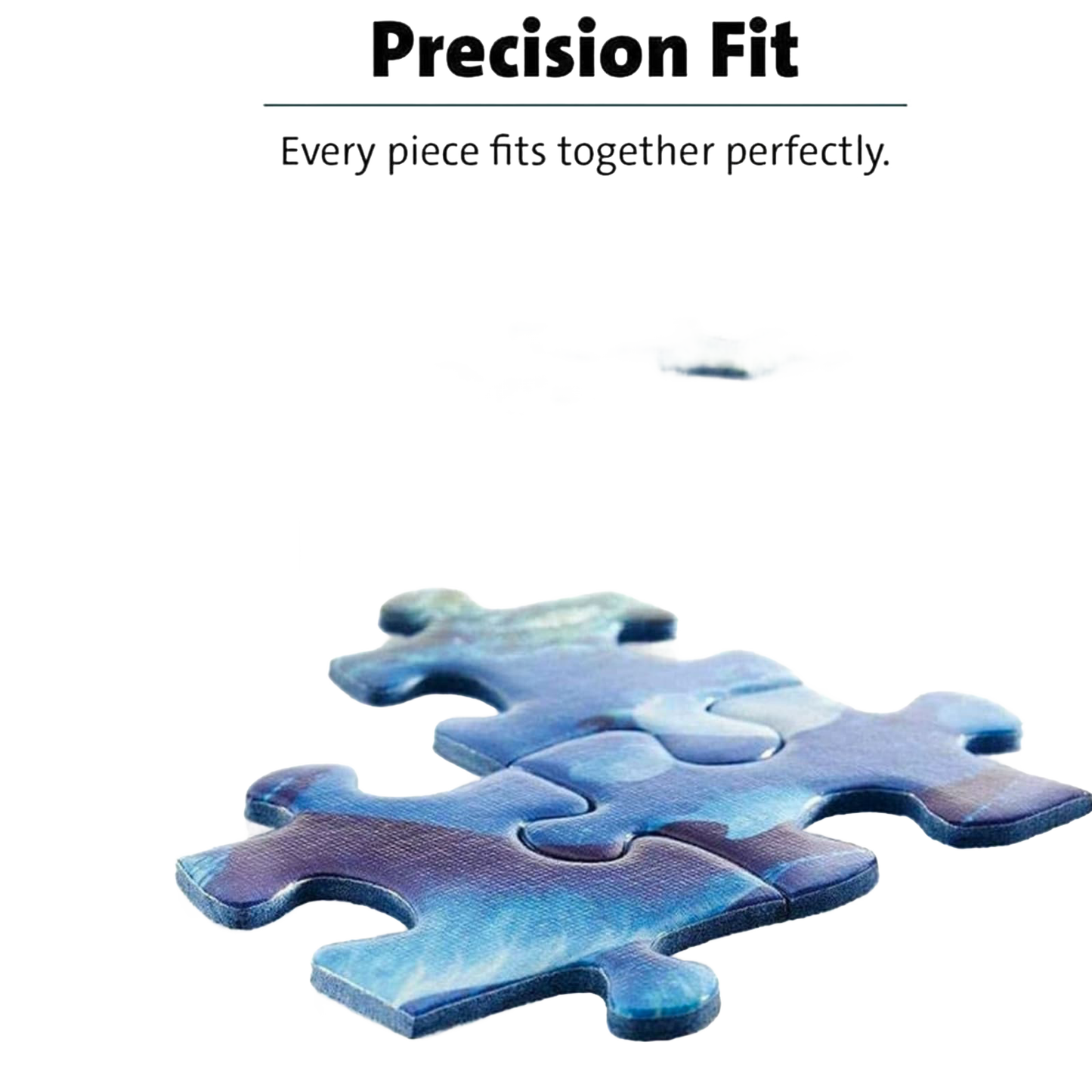 Close-up of four interlocking blue puzzle pieces with clear edges demonstrating precise fit and smooth assembly, highlighting unique handcrafted design in USA made Toys, Books & Games collection.