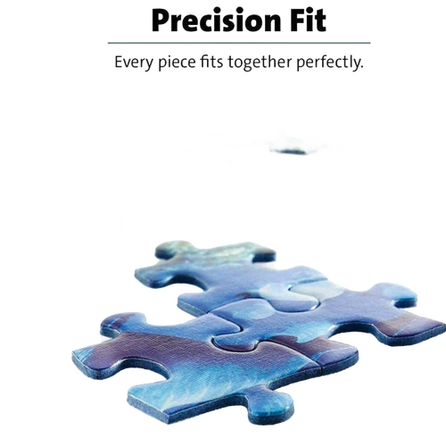 Close-up of four interlocking blue puzzle pieces with clear edges demonstrating precise fit and smooth assembly, highlighting unique handcrafted design in USA made Toys, Books & Games collection.